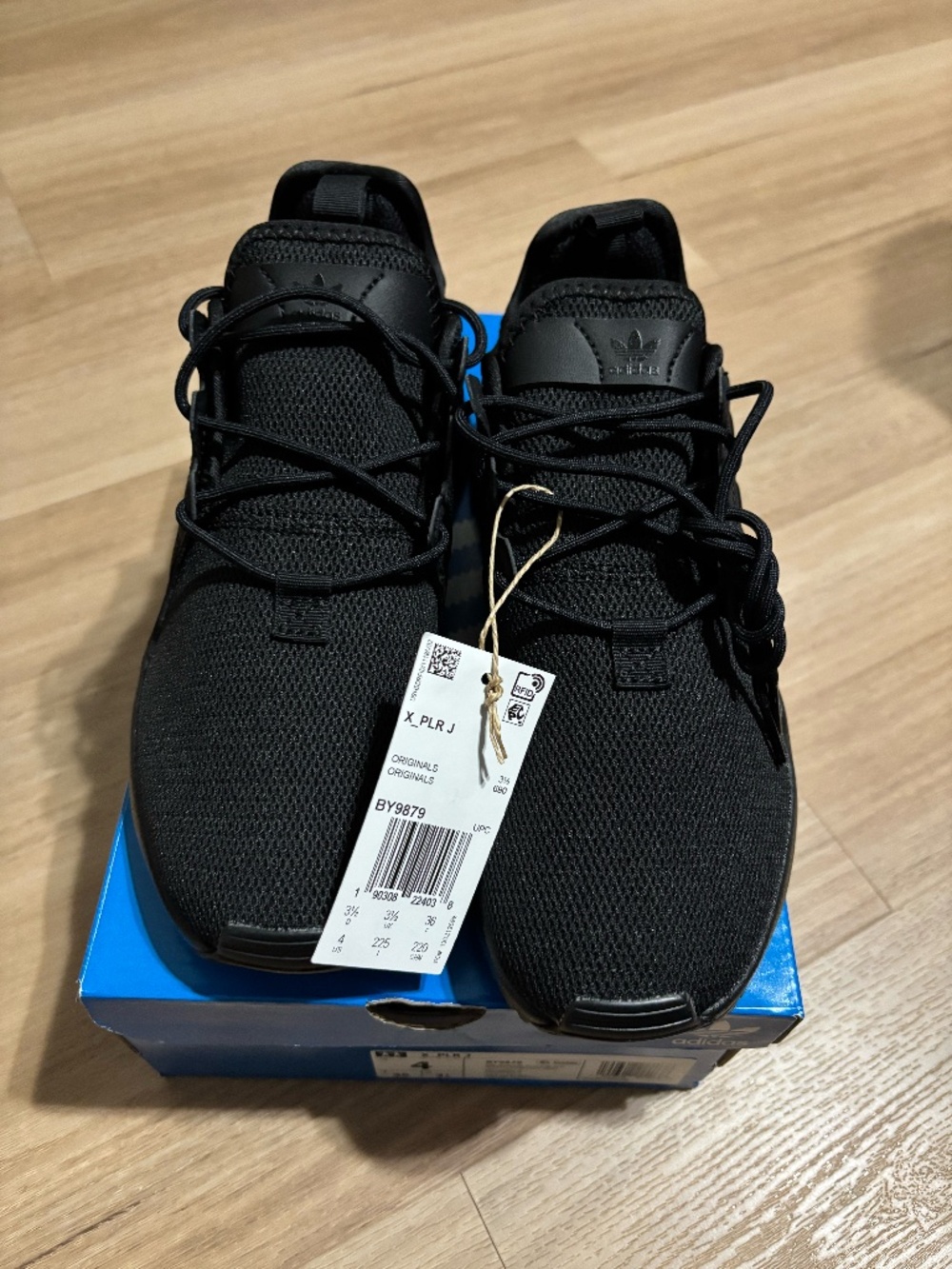 Kids NEW Originals Black Adidas X_PLR J BY9879 sneakers, Size 4. Color: Black.